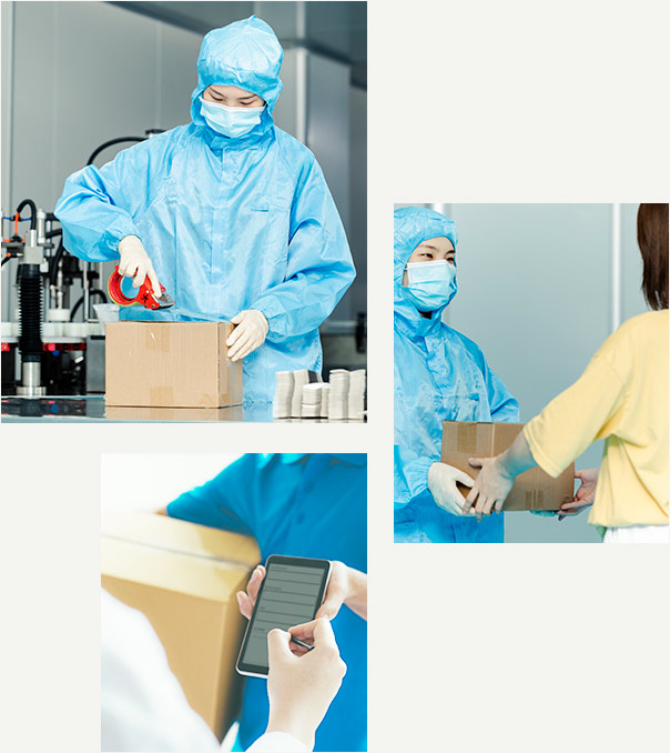 a worker is taping the essential oil package and handing it to the carrier agent
